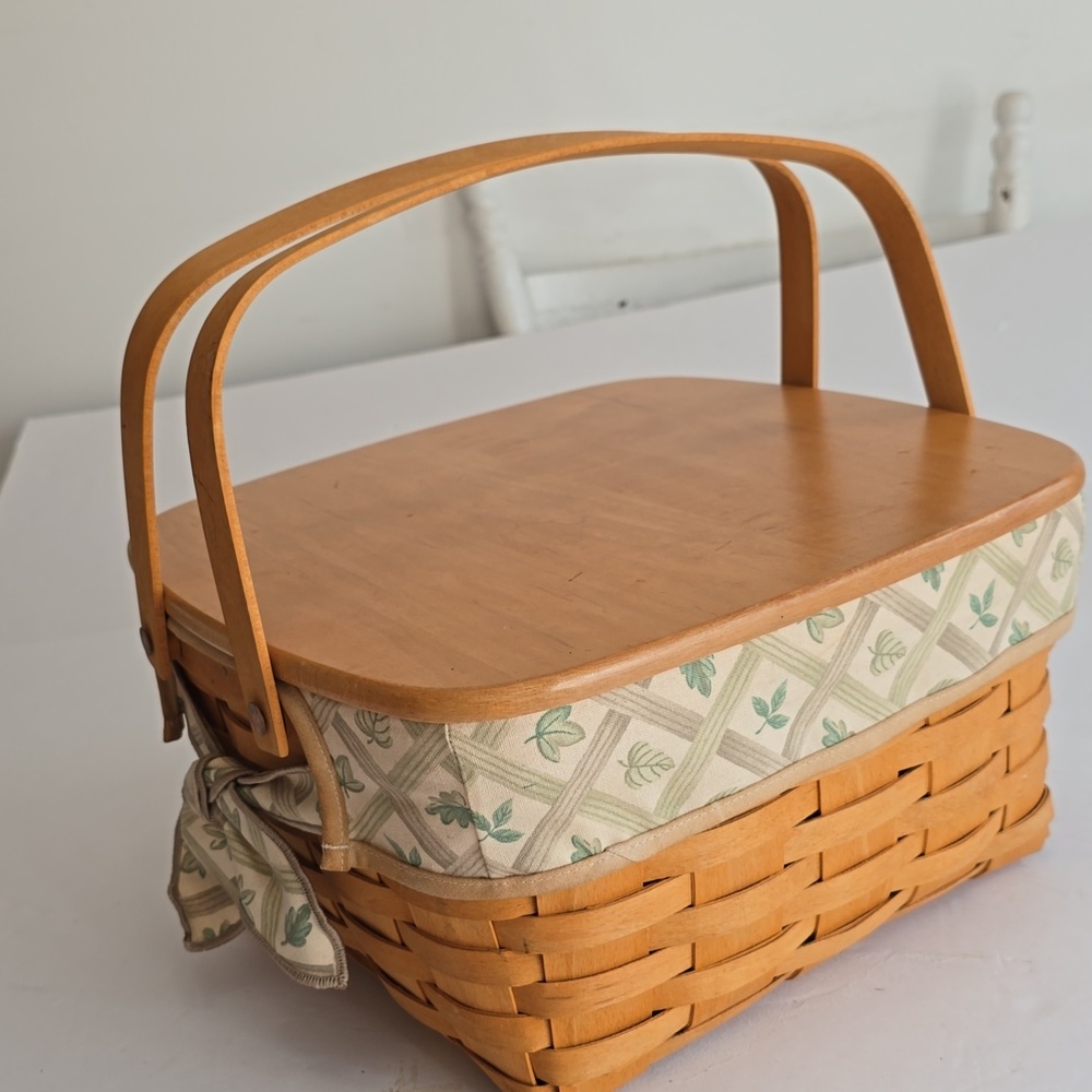 Longaberger Vintage Cake Pie Woven Basket Fabric Plastic Liner Wood Stand Cover - Picture 3 of 17